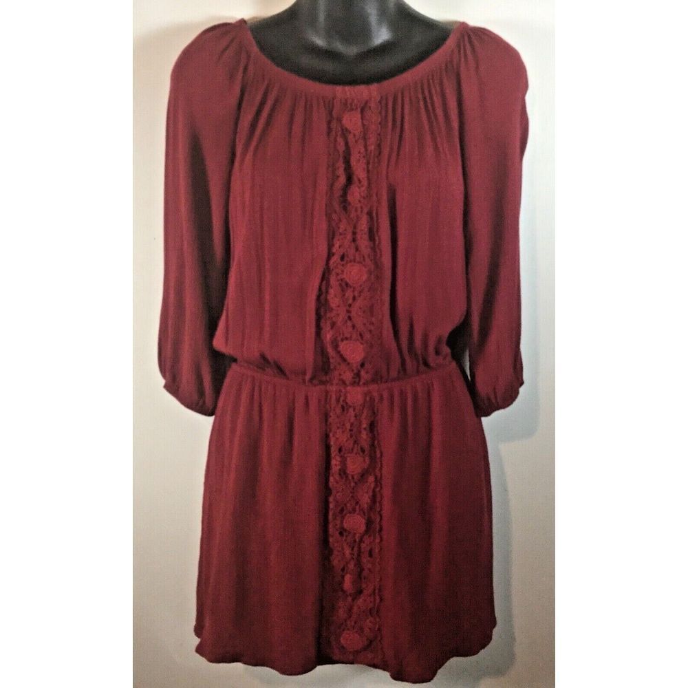 Illa Illa Top Dress Burgundy Short 3/4 Sleeves Sz S Lace USA Women's Vtg